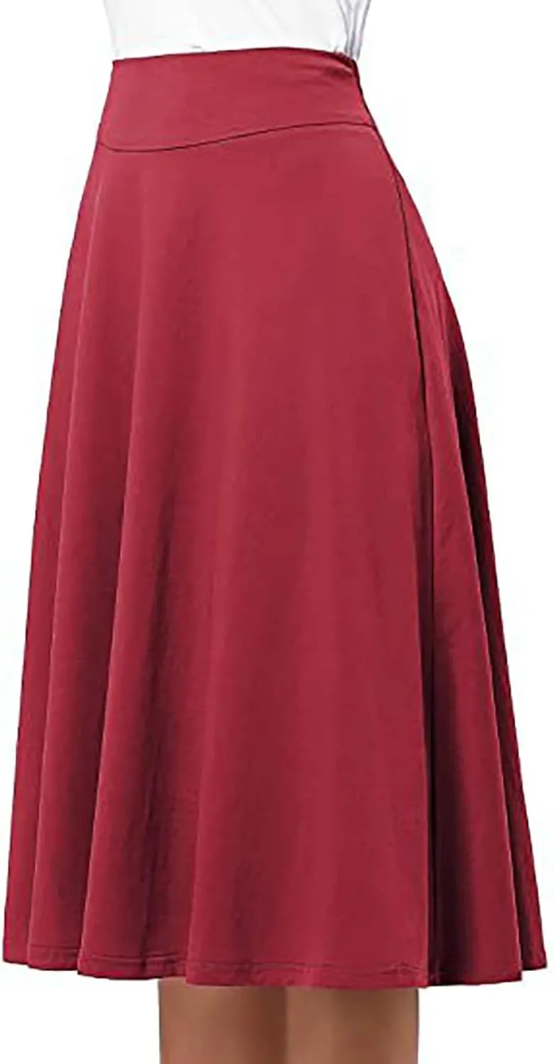 Women's Elastic High Waist Midi Skirt Solid Color Casual Skirt Plus Size Loose Beach Skirt with Pockets
