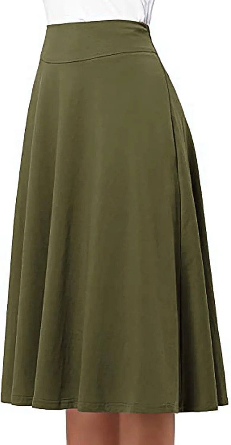 Women's Elastic High Waist Midi Skirt Solid Color Casual Skirt Plus Size Loose Beach Skirt with Pockets
