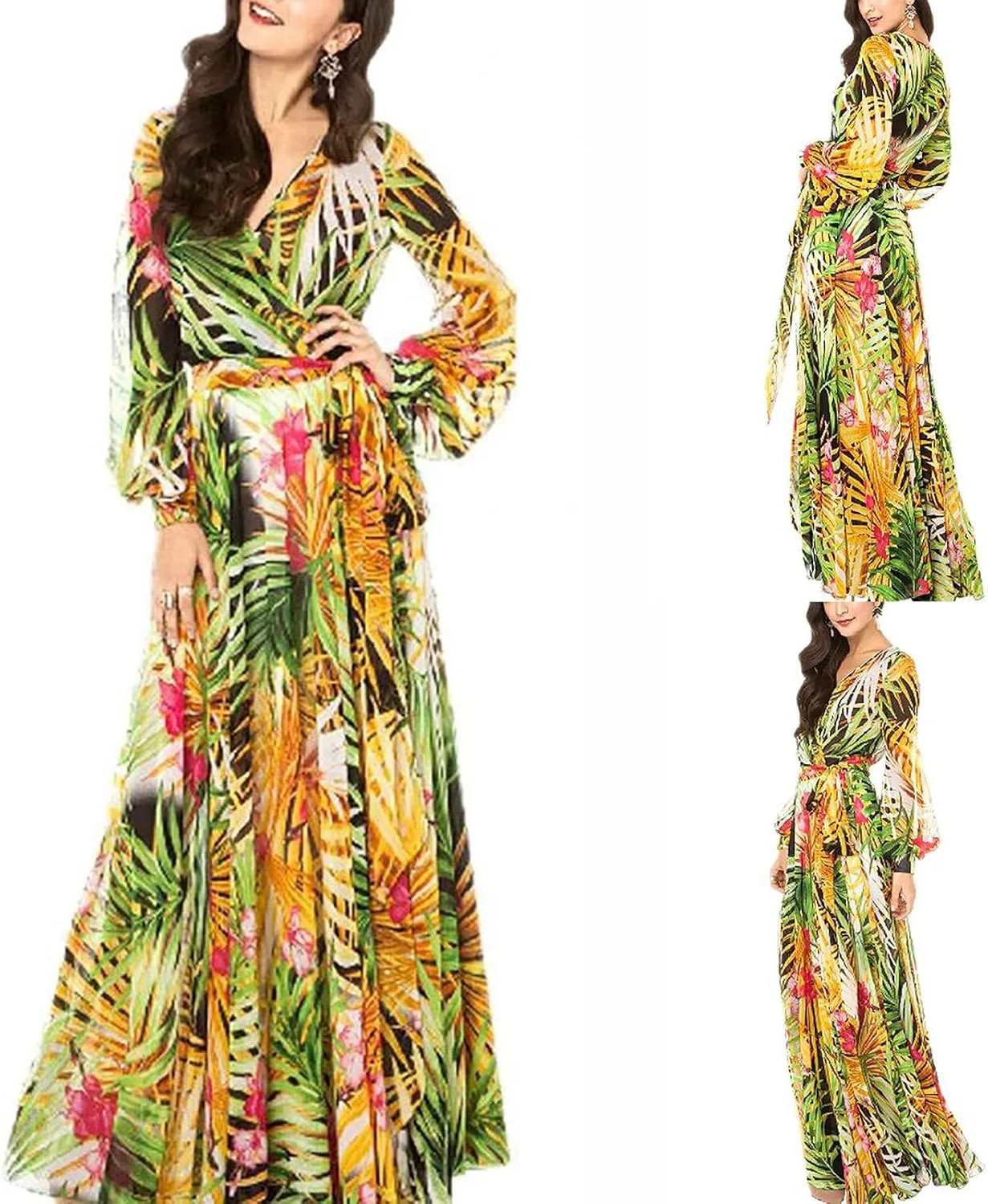 Womens Fall Dresses 2024 Casual Long Sleeve Wrap V Neck Ruffle Floral Maxi Dress Flowy Swing Tiered Long Dresses