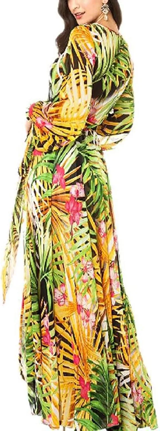 Womens Fall Dresses 2024 Casual Long Sleeve Wrap V Neck Ruffle Floral Maxi Dress Flowy Swing Tiered Long Dresses