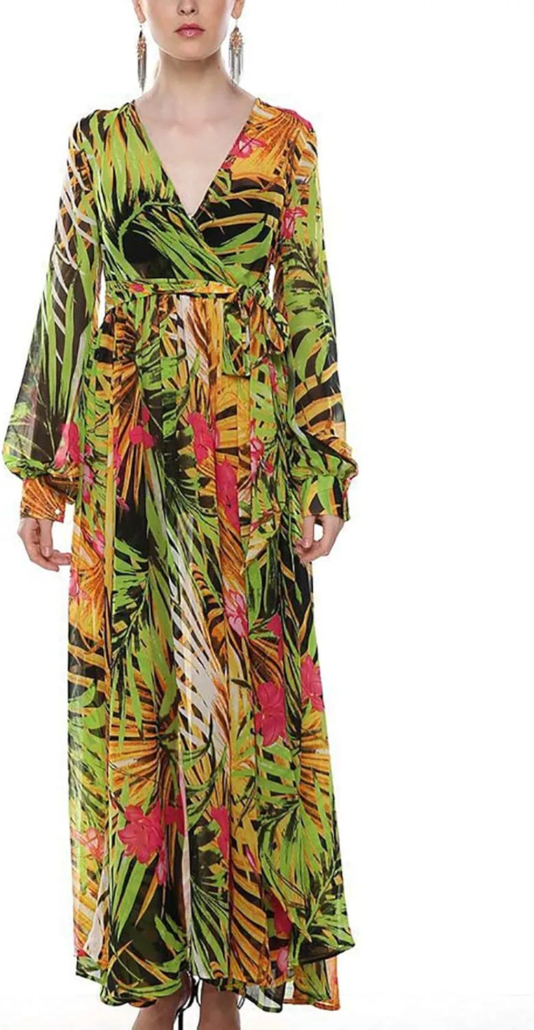 Womens Fall Dresses 2024 Casual Long Sleeve Wrap V Neck Ruffle Floral Maxi Dress Flowy Swing Tiered Long Dresses