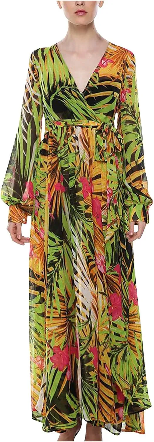 Womens Fall Dresses 2024 Casual Long Sleeve Wrap V Neck Ruffle Floral Maxi Dress Flowy Swing Tiered Long Dresses