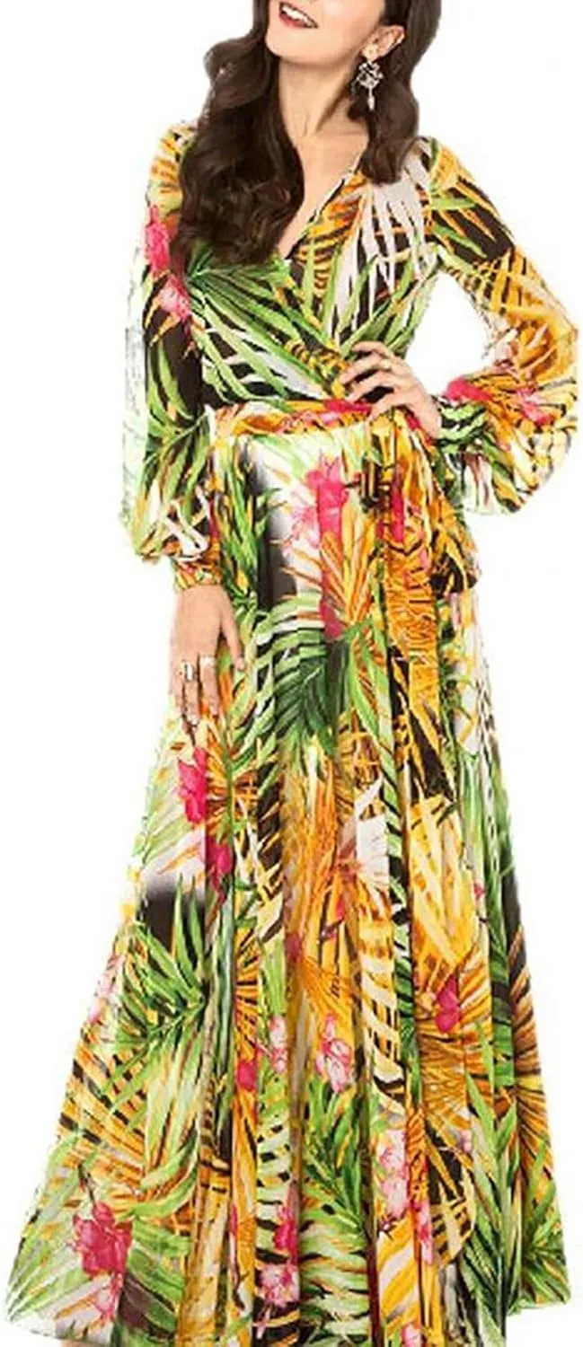 Womens Fall Dresses 2024 Casual Long Sleeve Wrap V Neck Ruffle Floral Maxi Dress Flowy Swing Tiered Long Dresses
