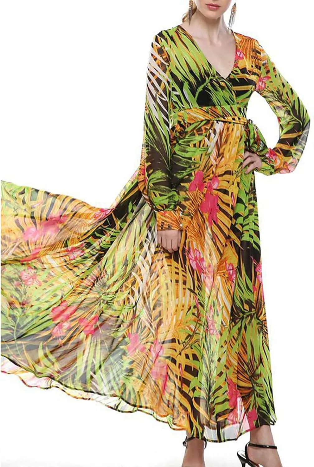Womens Fall Dresses 2024 Casual Long Sleeve Wrap V Neck Ruffle Floral Maxi Dress Flowy Swing Tiered Long Dresses