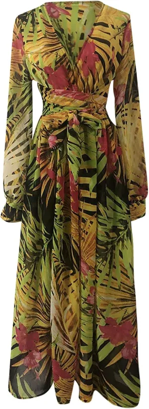 Womens Fall Dresses 2024 Casual Long Sleeve Wrap V Neck Ruffle Floral Maxi Dress Flowy Swing Tiered Long Dresses