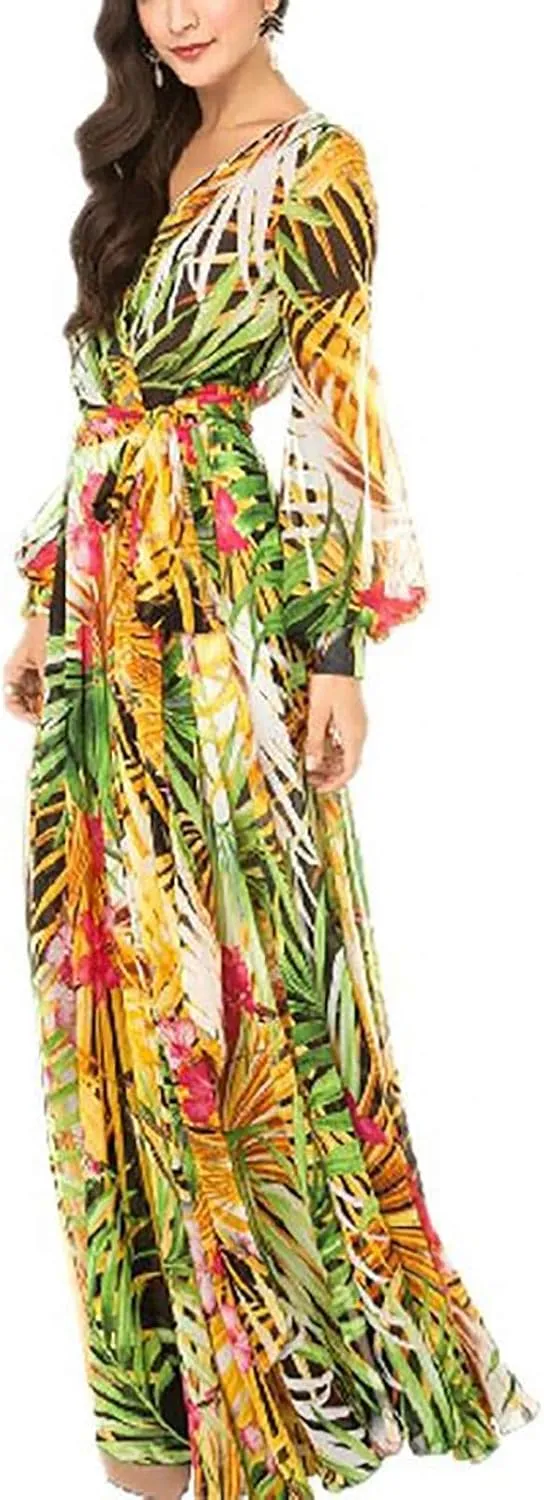 Womens Fall Dresses 2024 Casual Long Sleeve Wrap V Neck Ruffle Floral Maxi Dress Flowy Swing Tiered Long Dresses