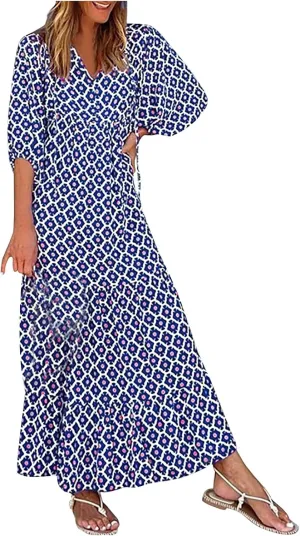 Womens Fall Dresses Casual Lantern Sleeve Bohemian Floral Maxi Dress Elegant Flowy Swing Boho Beach Vacation Dresses