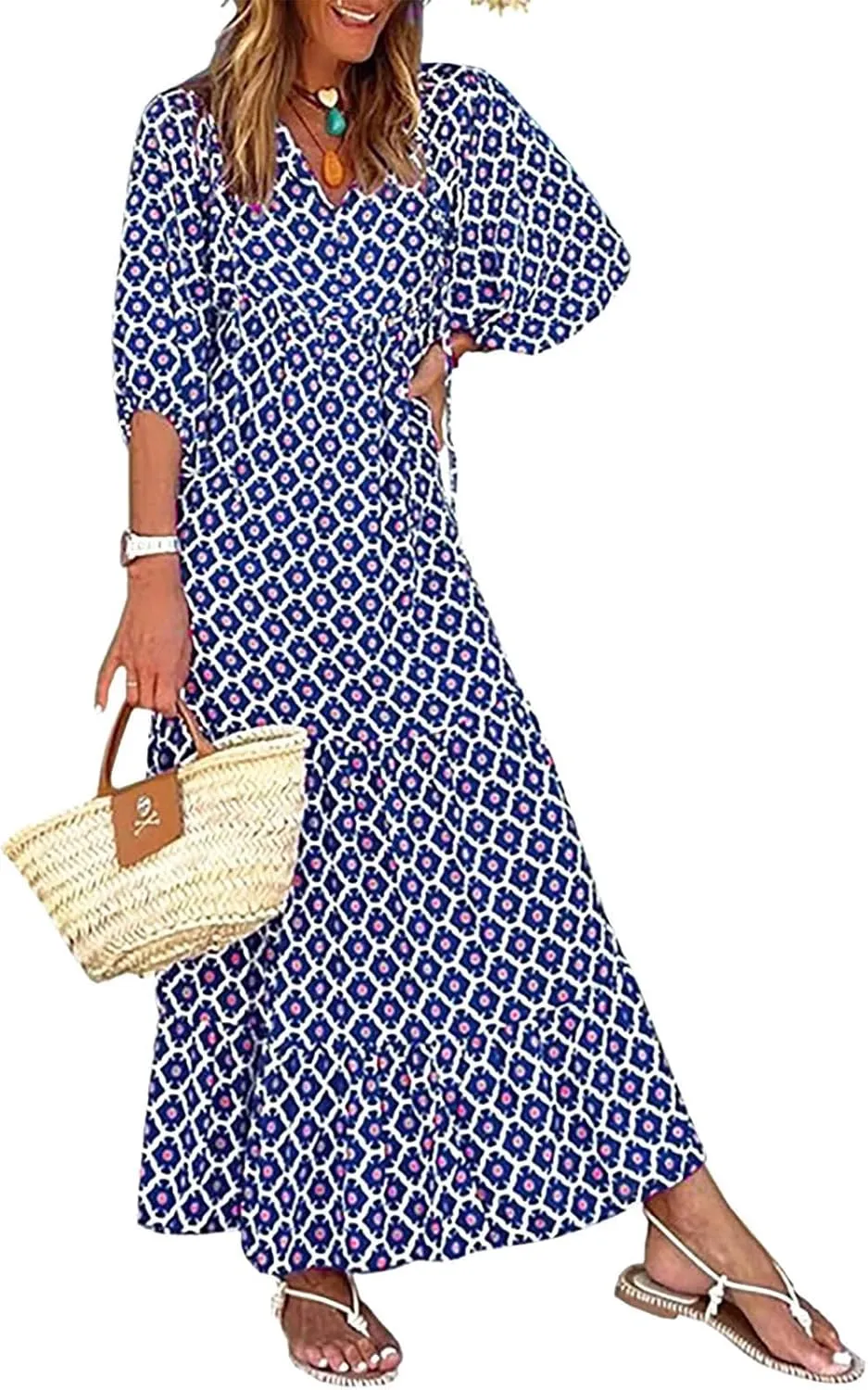 Womens Fall Dresses Casual Lantern Sleeve Bohemian Floral Maxi Dress Elegant Flowy Swing Boho Beach Vacation Dresses