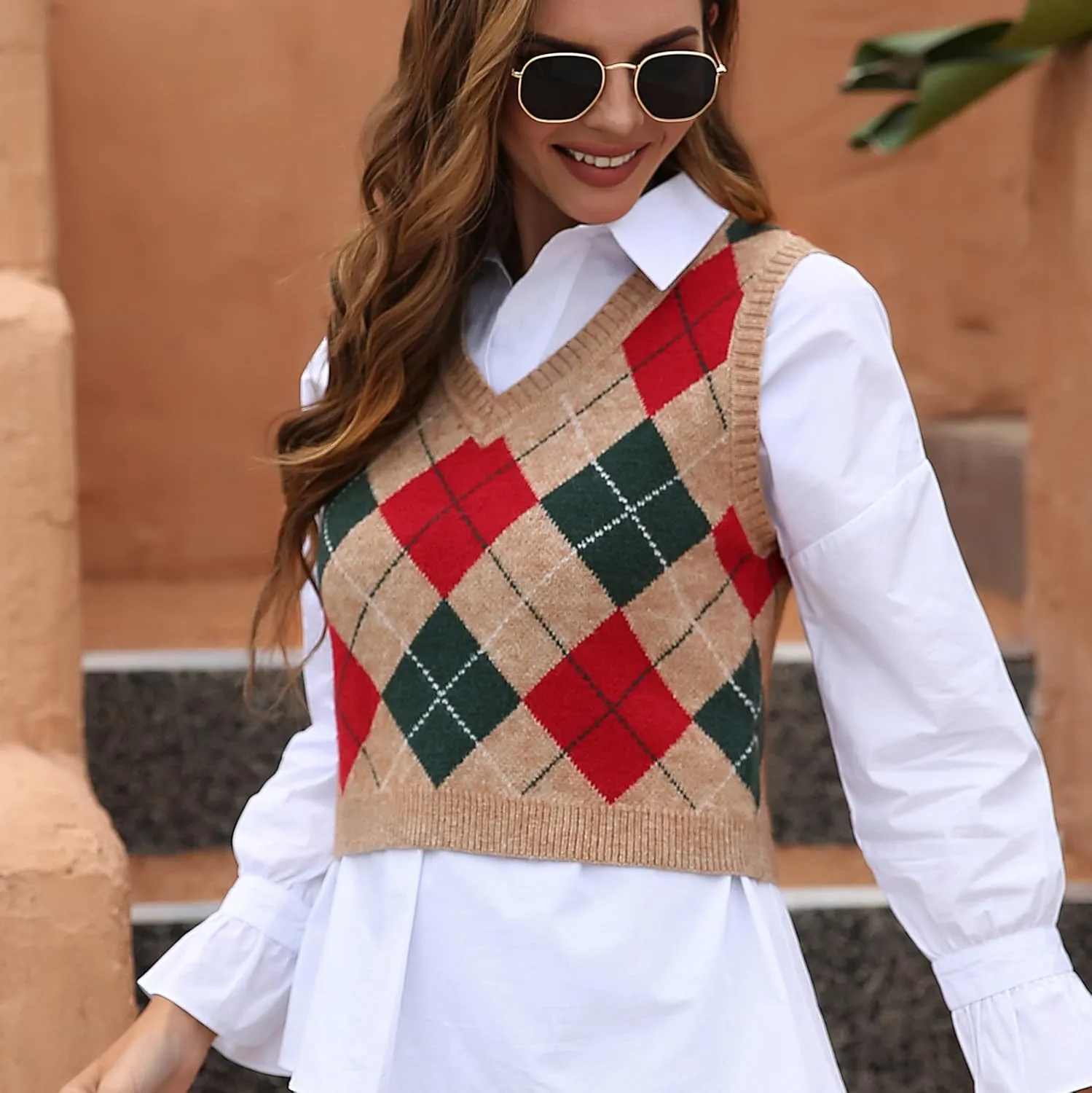 Women's Fashion Cropped Sweater Vest College Style Sleeveless Vest
