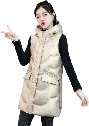 Womens Fashion Glossy Down Cotton Vests Winter Hooded Waistcoat Long Cotton-Padded Coat Vest Sleeveless Outwear