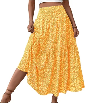 Womens Floral Maxi Skirt A Line Tiered Long Flowy Skirts with Pockets Casual Smocked High Waisted Boho Beach Skirts