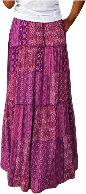 Womens Floral Print Boho Maxi Skirt Elastic High Waist Pleated Ruffle Flowy Long Skirts with Pockets
