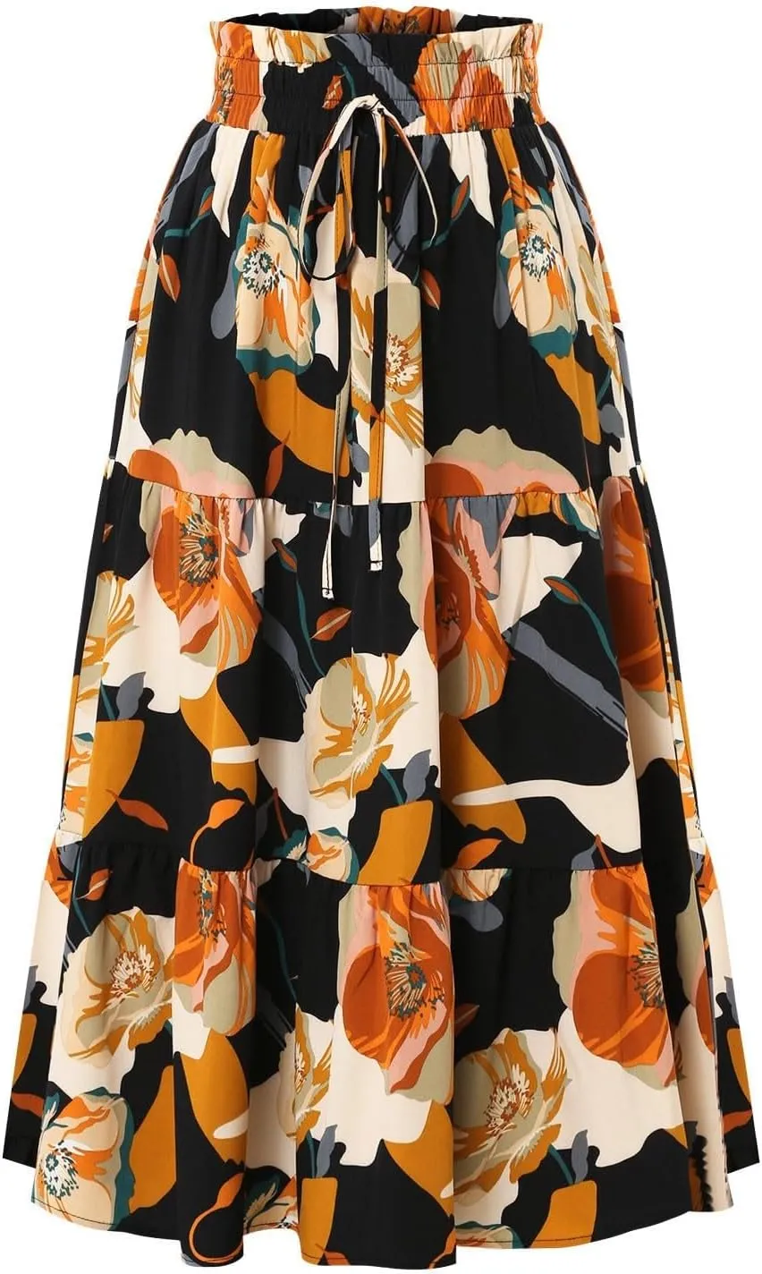 Womens Floral Print Elastic Waist Ruffle Midi Tiered Skirt High Waist Pleated A-Line Flared Maxi Skirts Summer Boho Skirts