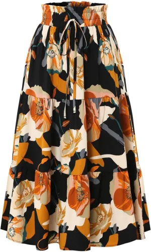 Womens Floral Print Elastic Waist Ruffle Midi Tiered Skirt High Waist Pleated A-Line Flared Maxi Skirts Summer Boho Skirts