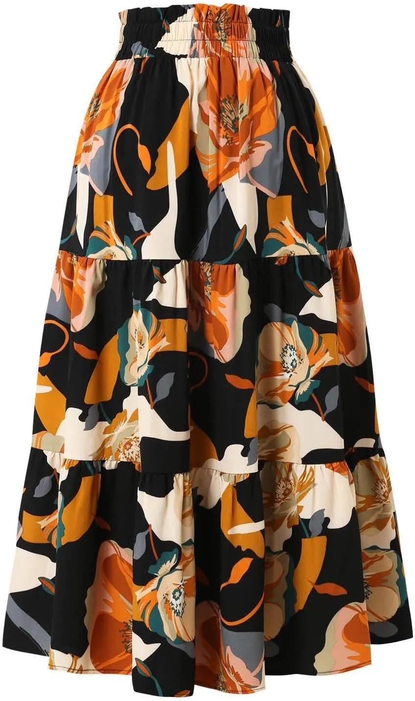 Womens Floral Print Elastic Waist Ruffle Midi Tiered Skirt High Waist Pleated A-Line Flared Maxi Skirts Summer Boho Skirts