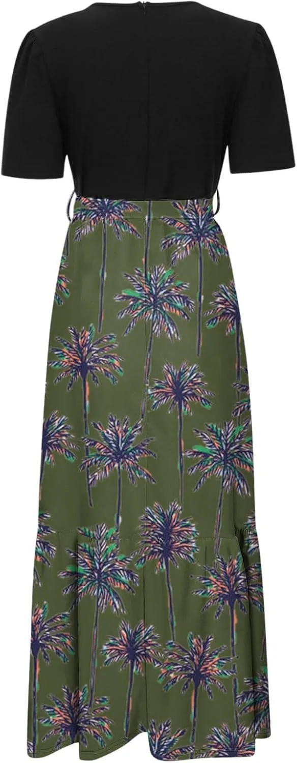 Womens Floral Print Long Dresses Elegant Boho Tie Belted Sundress Patchwork Empire Waist Short Sleeve Flowy Maxi Dress