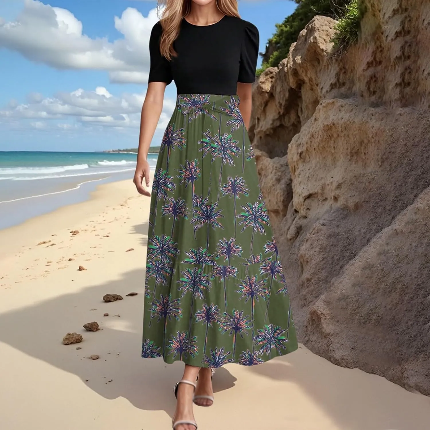 Womens Floral Print Long Dresses Elegant Boho Tie Belted Sundress Patchwork Empire Waist Short Sleeve Flowy Maxi Dress