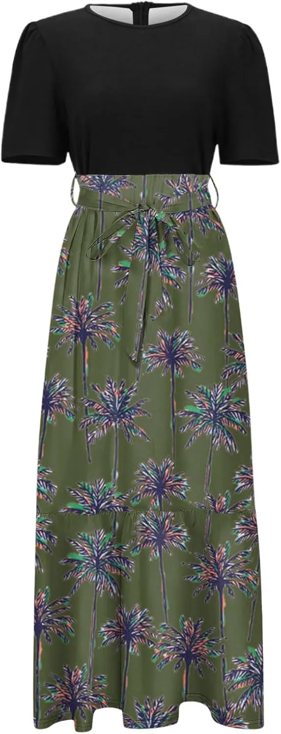 Womens Floral Print Long Dresses Elegant Boho Tie Belted Sundress Patchwork Empire Waist Short Sleeve Flowy Maxi Dress