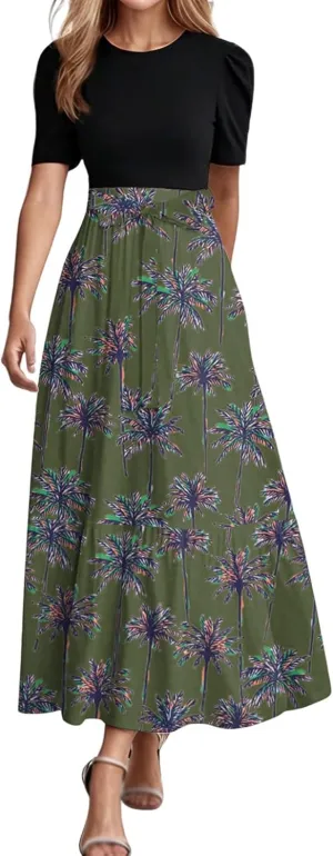 Womens Floral Print Long Dresses Elegant Boho Tie Belted Sundress Patchwork Empire Waist Short Sleeve Flowy Maxi Dress