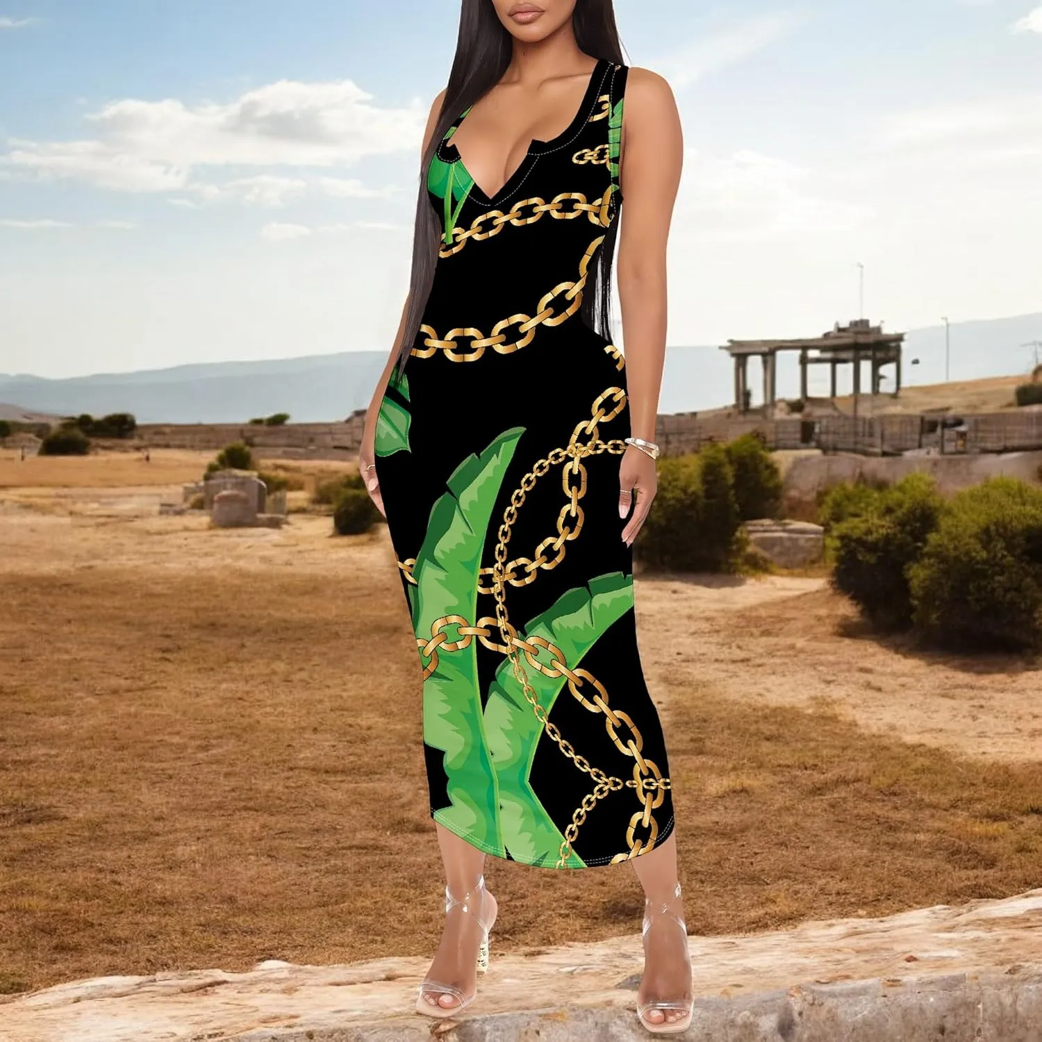 Women's Floral Print Maxi Dress Casual V Neck Sleeveless Summer Long Party Club Beach Sundresses Sexy Bodycon Tank Dress