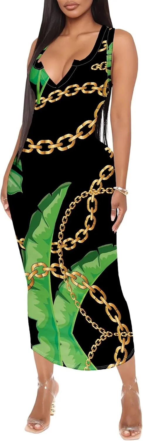 Women's Floral Print Maxi Dress Casual V Neck Sleeveless Summer Long Party Club Beach Sundresses Sexy Bodycon Tank Dress