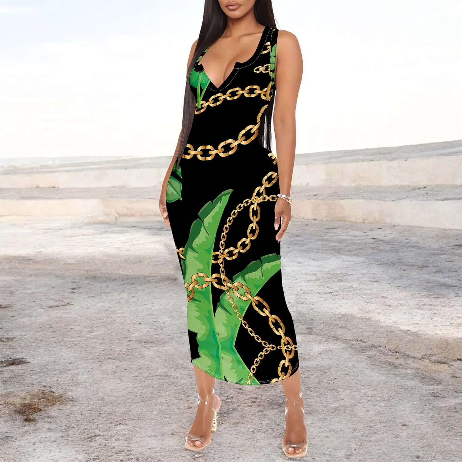 Women's Floral Print Maxi Dress Casual V Neck Sleeveless Summer Long Party Club Beach Sundresses Sexy Bodycon Tank Dress