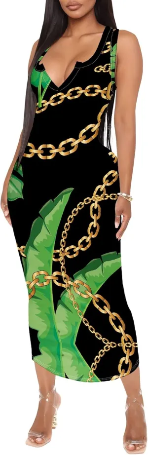 Women's Floral Print Maxi Dress Casual V Neck Sleeveless Summer Long Party Club Beach Sundresses Sexy Bodycon Tank Dress