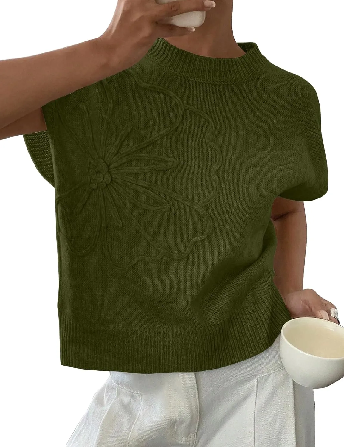 Womens Floral Sweater Vest Cute Cap Sleeve Tops 3D Flower Decor Knit Tank Top Loose Spring Fall Summer Clothes 2025