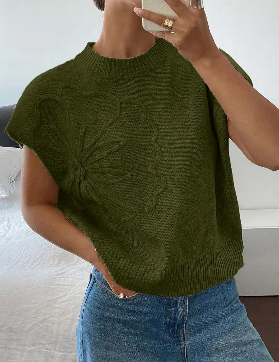 Womens Floral Sweater Vest Cute Cap Sleeve Tops 3D Flower Decor Knit Tank Top Loose Spring Fall Summer Clothes 2025