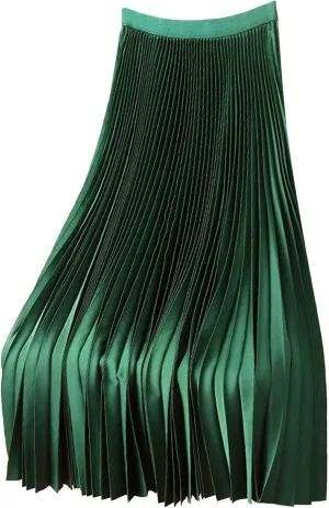 Women's Flowy Long Skirt Casual Satin Fashion Outfits Dresses Pleated A-Line Plus Size Swing Flare Midi Skirt