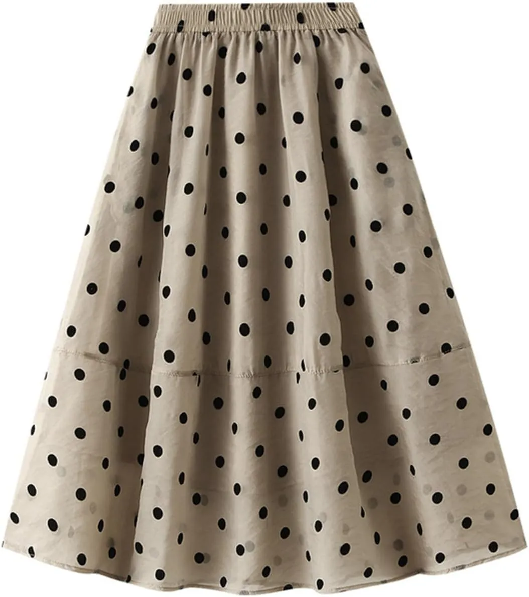 Womens Gauze Skirts Polka Dot Print A Line Swing Midi Skirt Summer Casual Boho Beach Skirts Resort Wear