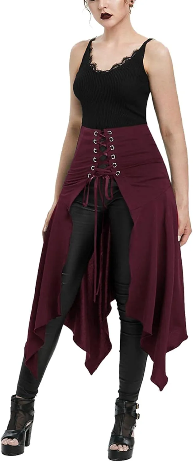 Women's Gothic Skirts Cutout Lace Up Skirt Asymmetrical Goth Skirts High Waist Pleated Skirt High Low Ruffle Skirts