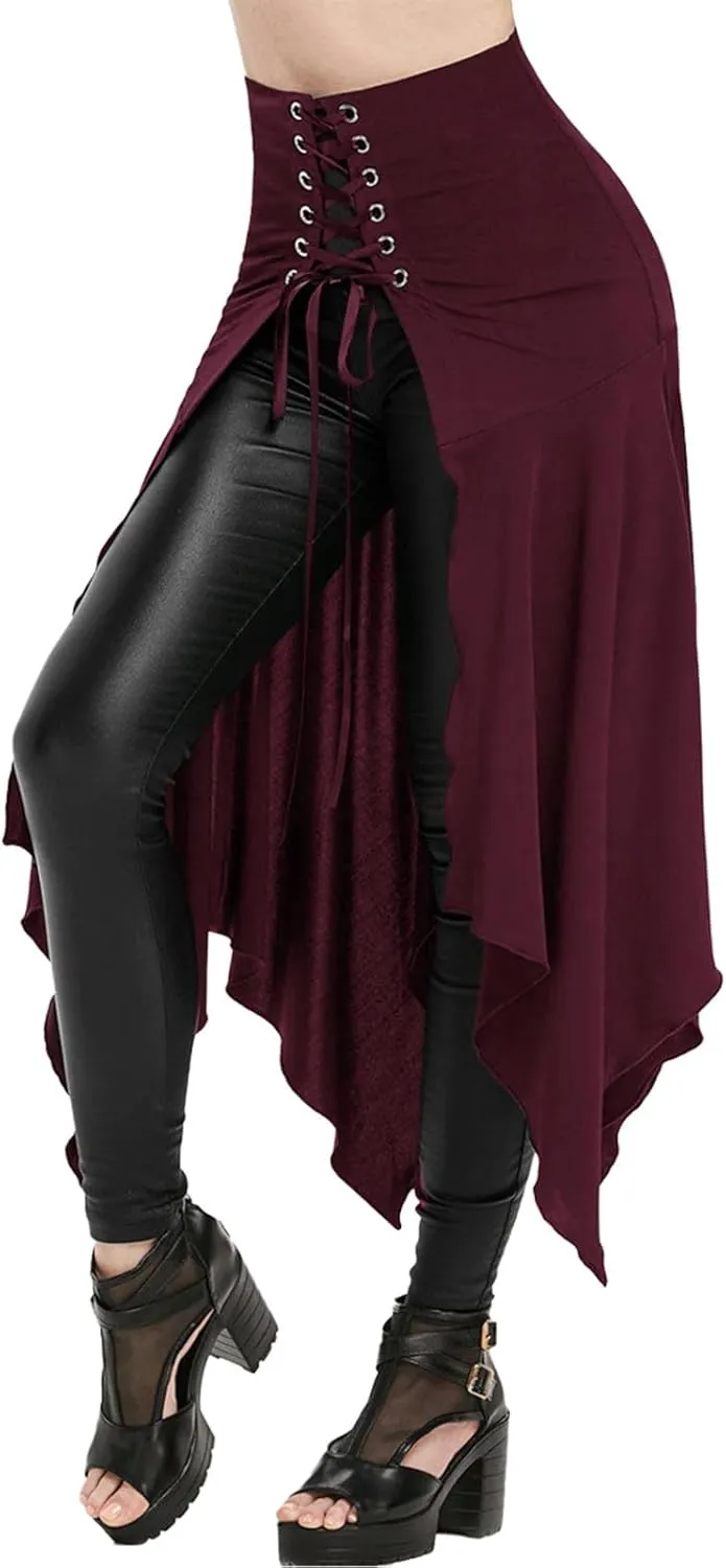 Women's Gothic Skirts Cutout Lace Up Skirt Asymmetrical Goth Skirts High Waist Pleated Skirt High Low Ruffle Skirts