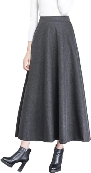 Women's High Elastic Waist Maxi Wool Skirt A-line Plaid Winter Warm Flare Long Skirt
