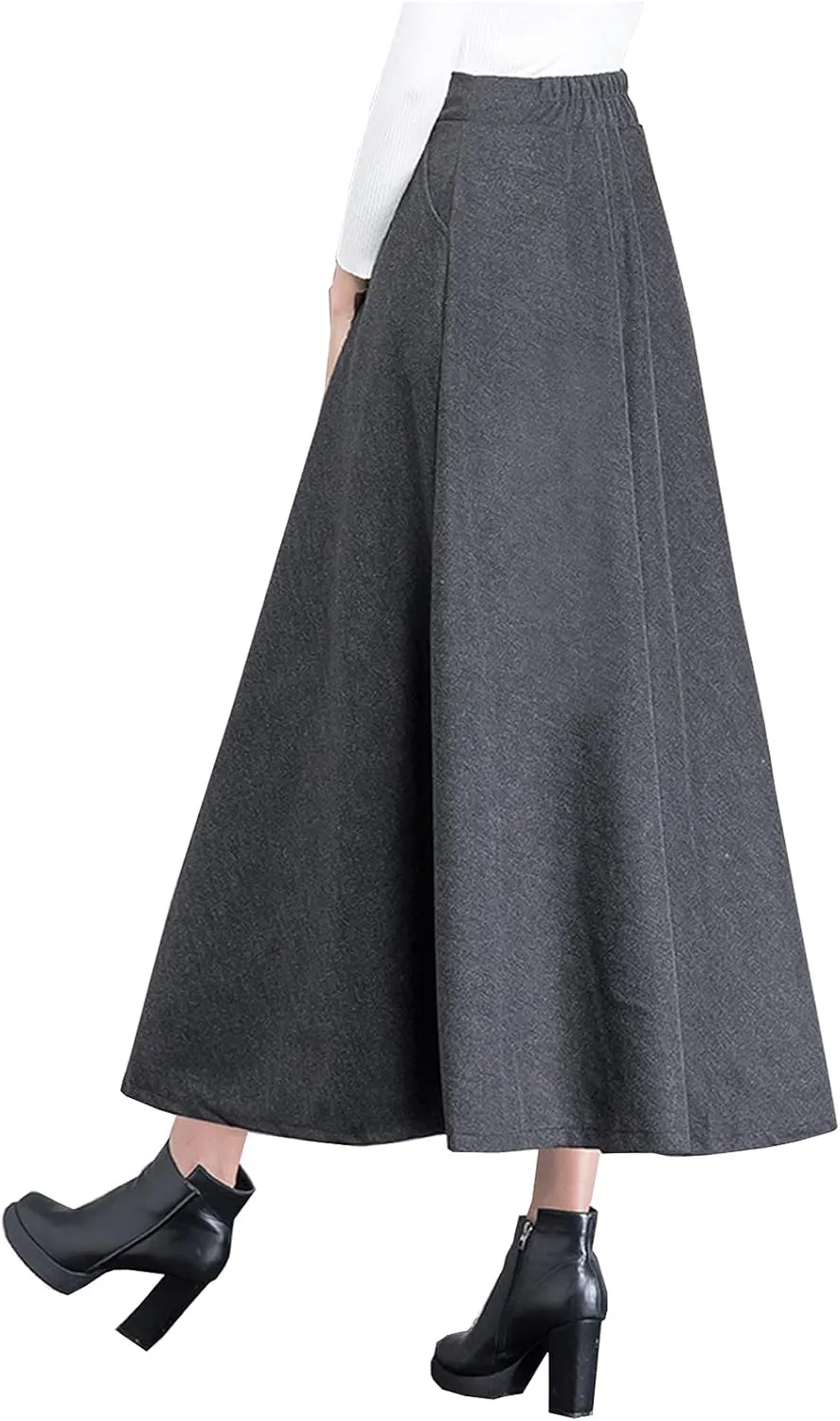 Women's High Elastic Waist Maxi Wool Skirt A-line Plaid Winter Warm Flare Long Skirt
