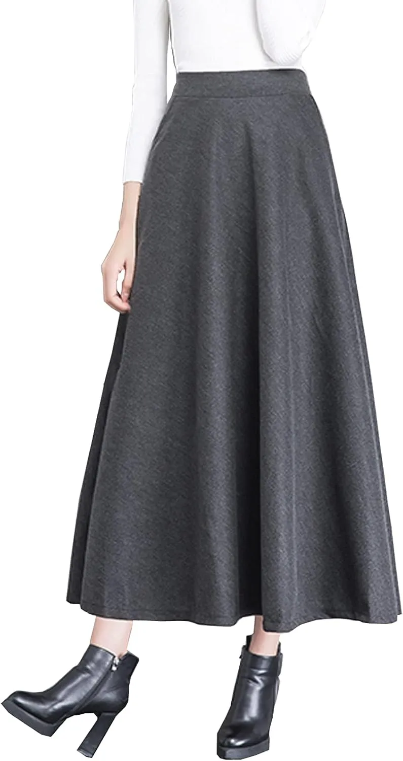 Women's High Elastic Waist Maxi Wool Skirt A-line Plaid Winter Warm Flare Long Skirt