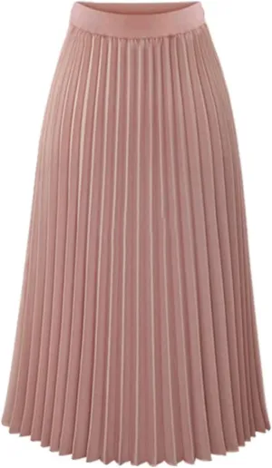 Womens High Elastic Waist Pleated Chiffon Skirt Midi Swing A-line Skirt Dressy Plain Solid Color Elegant Long Skirts
