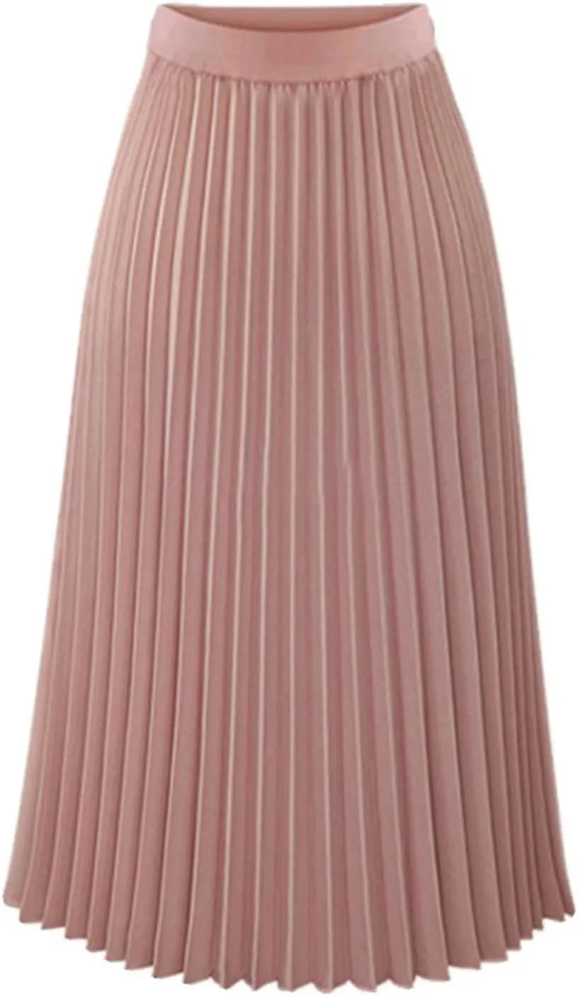 Womens High Elastic Waist Pleated Chiffon Skirt Midi Swing A-line Skirt Dressy Plain Solid Color Elegant Long Skirts