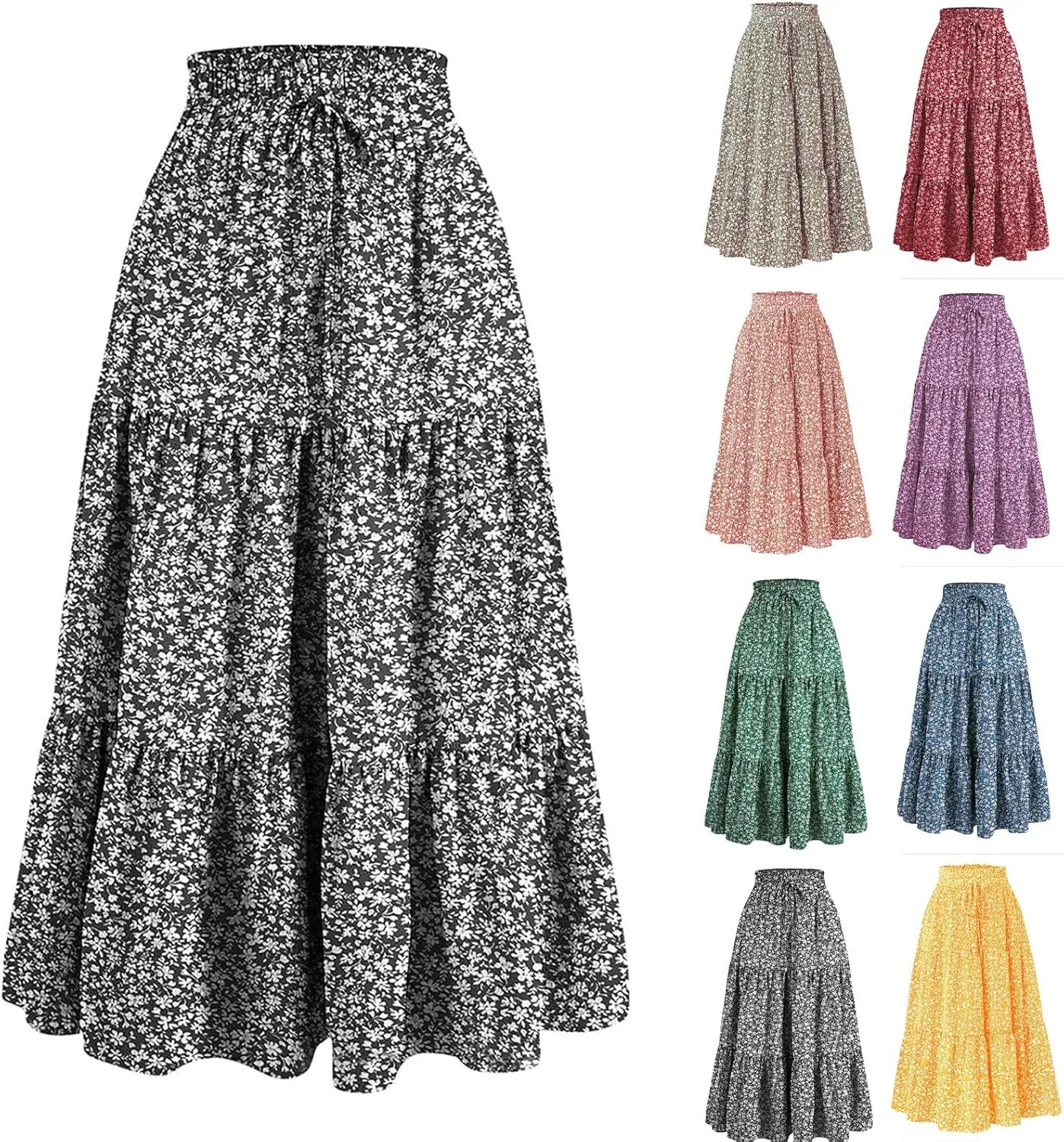 Womens High Waisted Elastic Skirt 2025 Trendy Casual Print Long Skirt Summer Flowy Swing Pleated A-Line Maxi Skirts