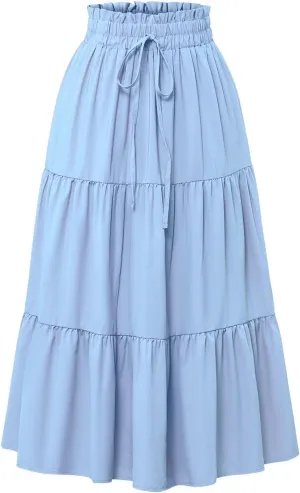 Womens High Waisted Elastic Skirt 2025 Trendy Casual Print Long Skirt Summer Flowy Swing Pleated A-Line Maxi Skirts