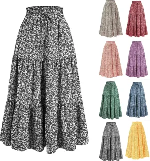 Womens High Waisted Elastic Skirt 2025 Trendy Casual Print Long Skirt Summer Flowy Swing Pleated A-Line Maxi Skirts