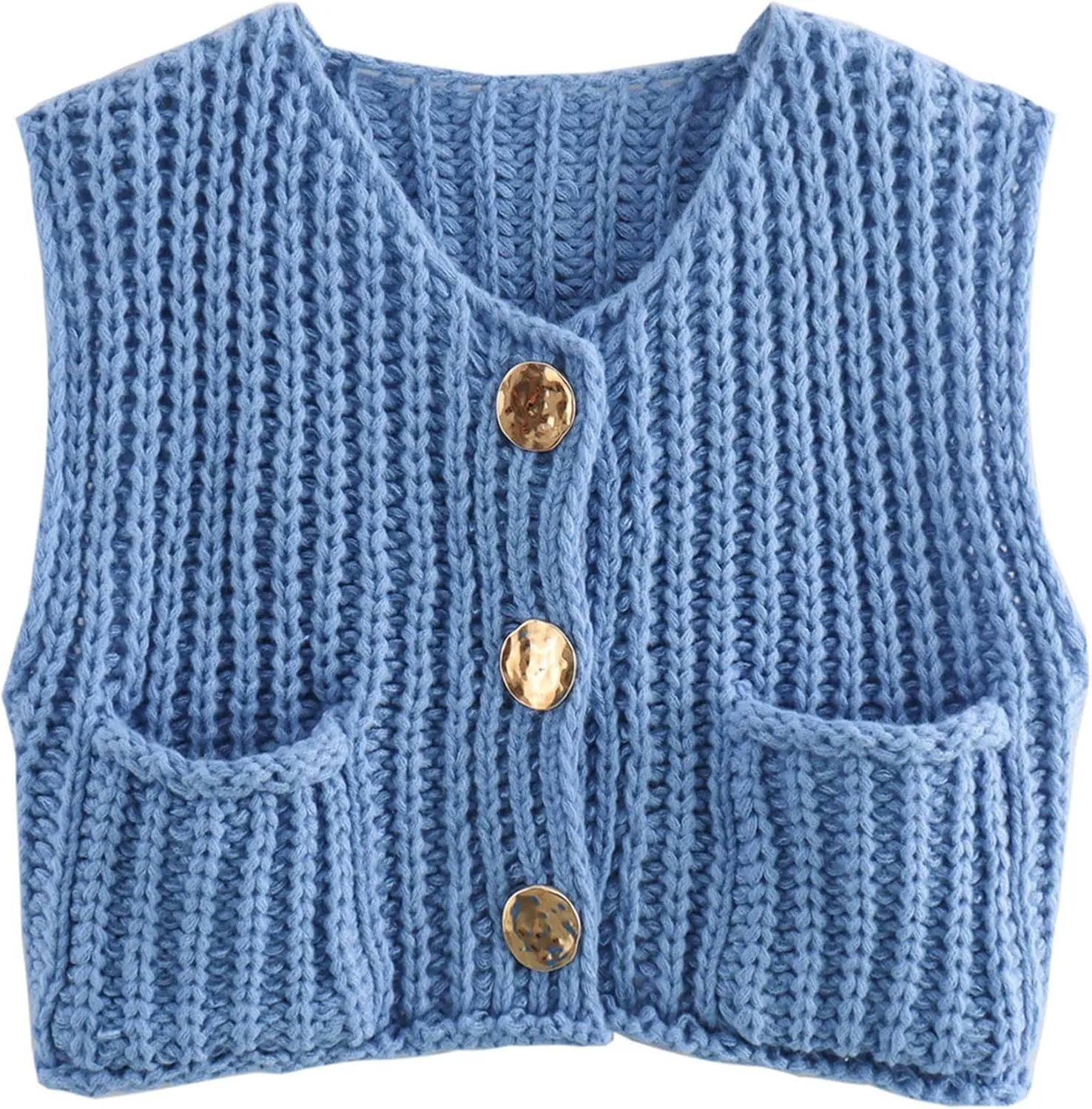 Womens Knit Vest Tops Sleeveless Cropped Chunky Sweater Vests Botton Down Lightweight Cardigan with Pockets