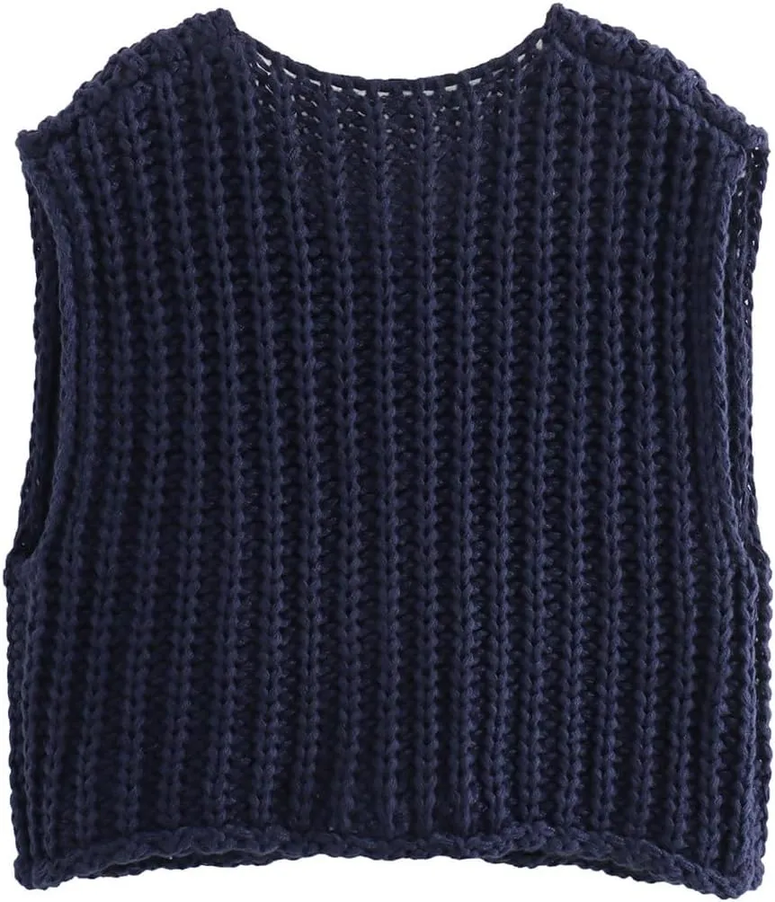 Womens Knit Vest Tops Sleeveless Cropped Chunky Sweater Vests Botton Down Lightweight Cardigan with Pockets