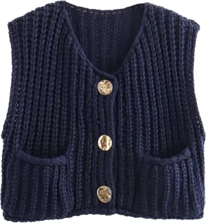 Womens Knit Vest Tops Sleeveless Cropped Chunky Sweater Vests Botton Down Lightweight Cardigan with Pockets
