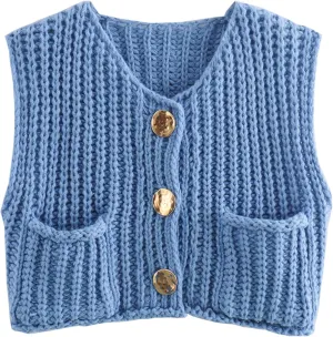Womens Knit Vest Tops Sleeveless Cropped Chunky Sweater Vests Botton Down Lightweight Cardigan with Pockets
