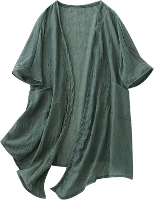 Womens Long Cardigans Lightweight Cover Up Fall Casual Loose Fit Half Sleeve Cotton Tops Beach Coverups with Pockets