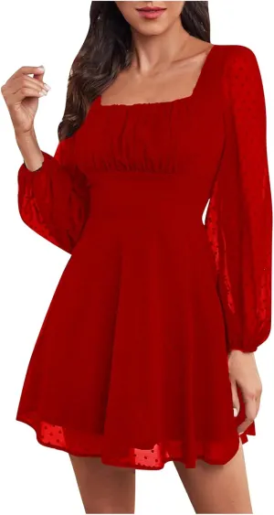 Womens Long Sleeve Dresses Casual Square Neck Swiss Dot Midi Dress 2024 Fall Fashion Flowy A Line Wedding Guest Dress midi Dresses for Women Red L