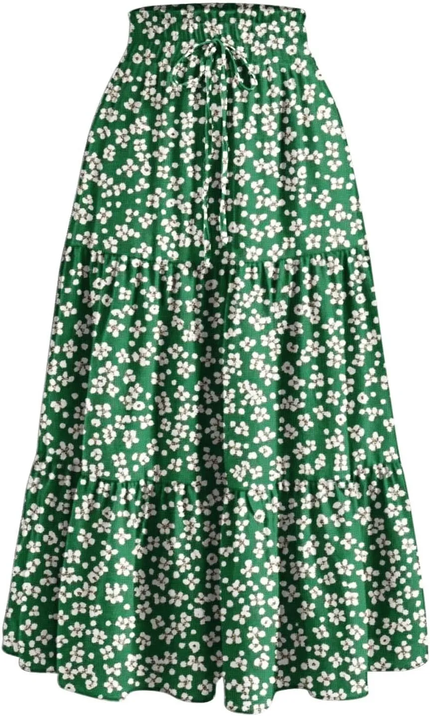 Women's Maxi Floral Skirts Elastic Waist Drawstring Tiered Ruffled Boho Skirt Spring Summer Casual Outfit Beach Dress