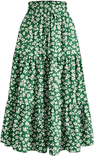 Women's Maxi Floral Skirts Elastic Waist Drawstring Tiered Ruffled Boho Skirt Spring Summer Casual Outfit Beach Dress