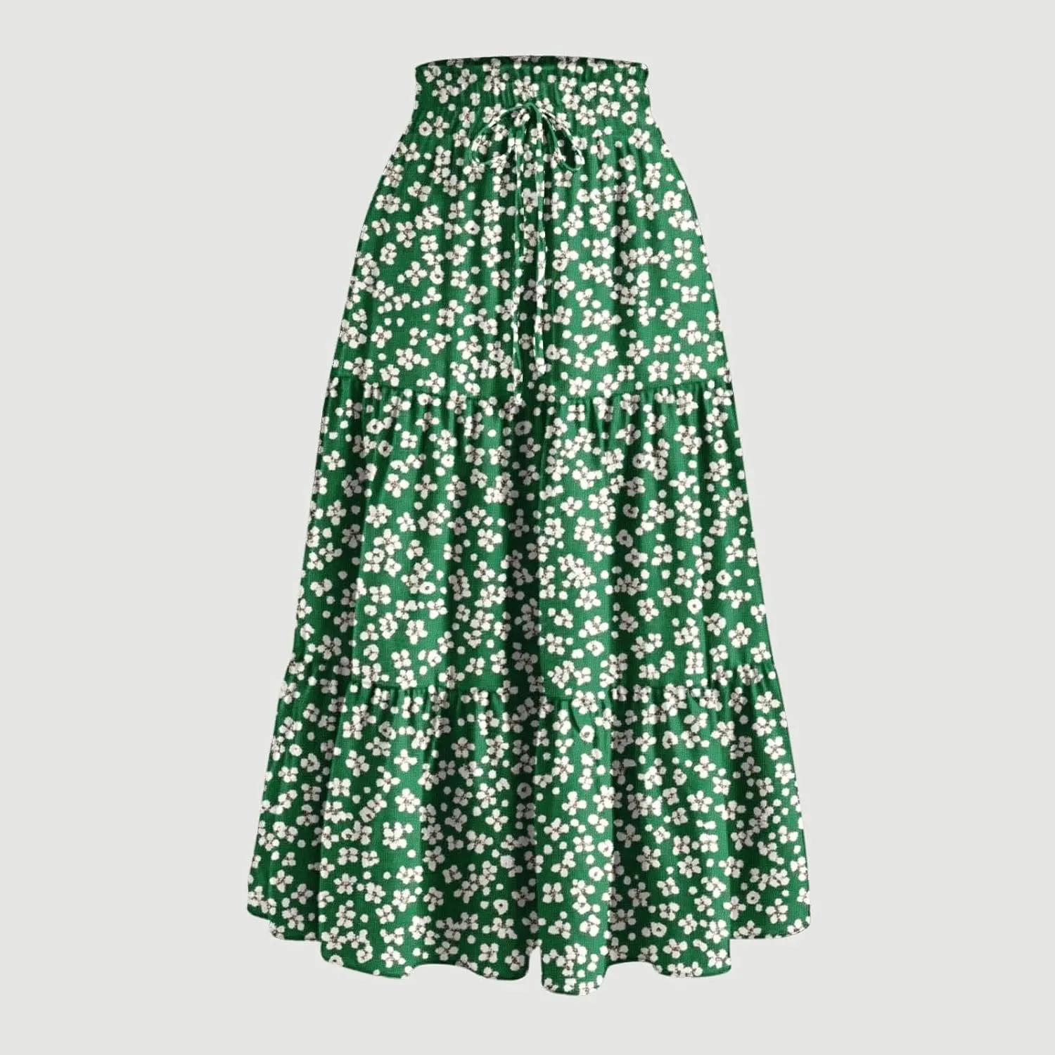 Women's Maxi Floral Skirts Elastic Waist Drawstring Tiered Ruffled Boho Skirt Spring Summer Casual Outfit Beach Dress
